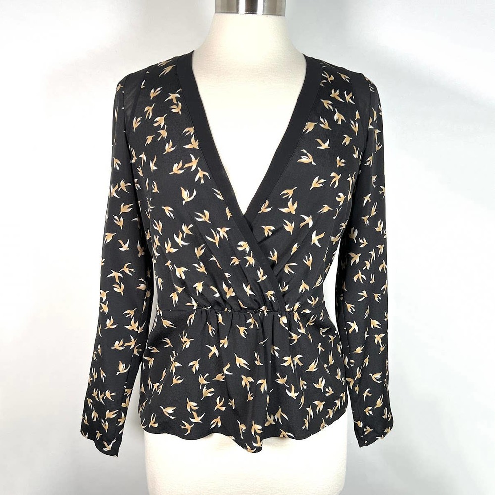 Cooper & Ella Bird Print Faux Wrap Top XS V-Neck Black Mesh Shoulder EUC!